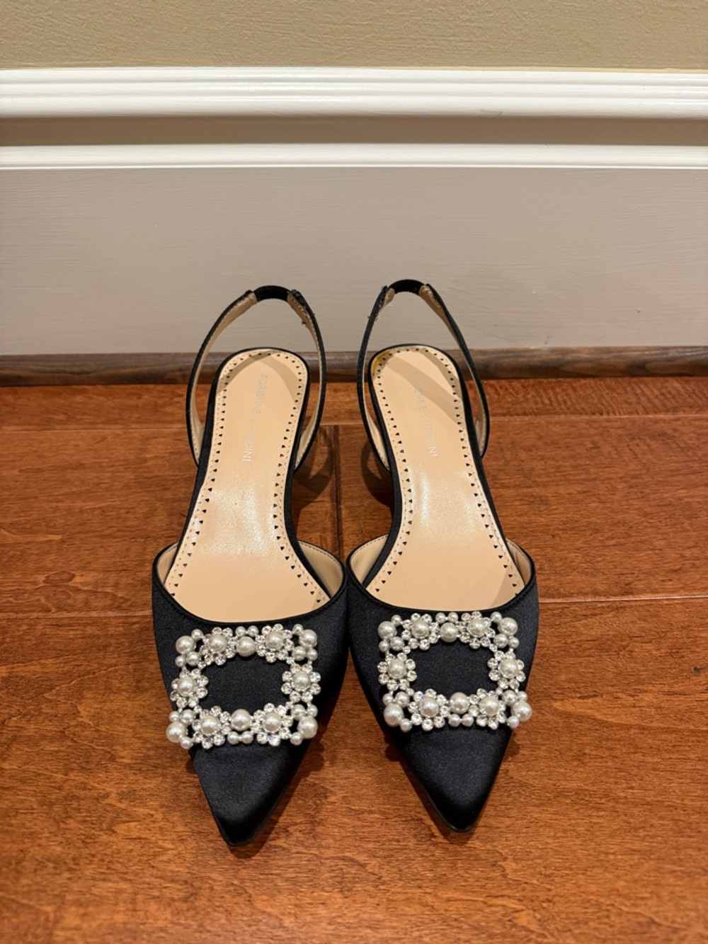 Adrienne Vittadini Black Pearl-Embellished Pointed Slingback Heels